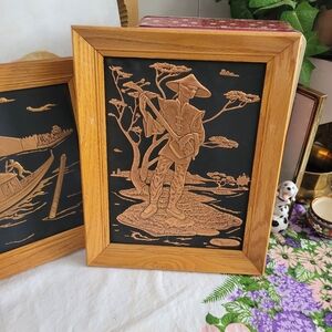 Vintage Wood Framed Copper Art with Asian Motif